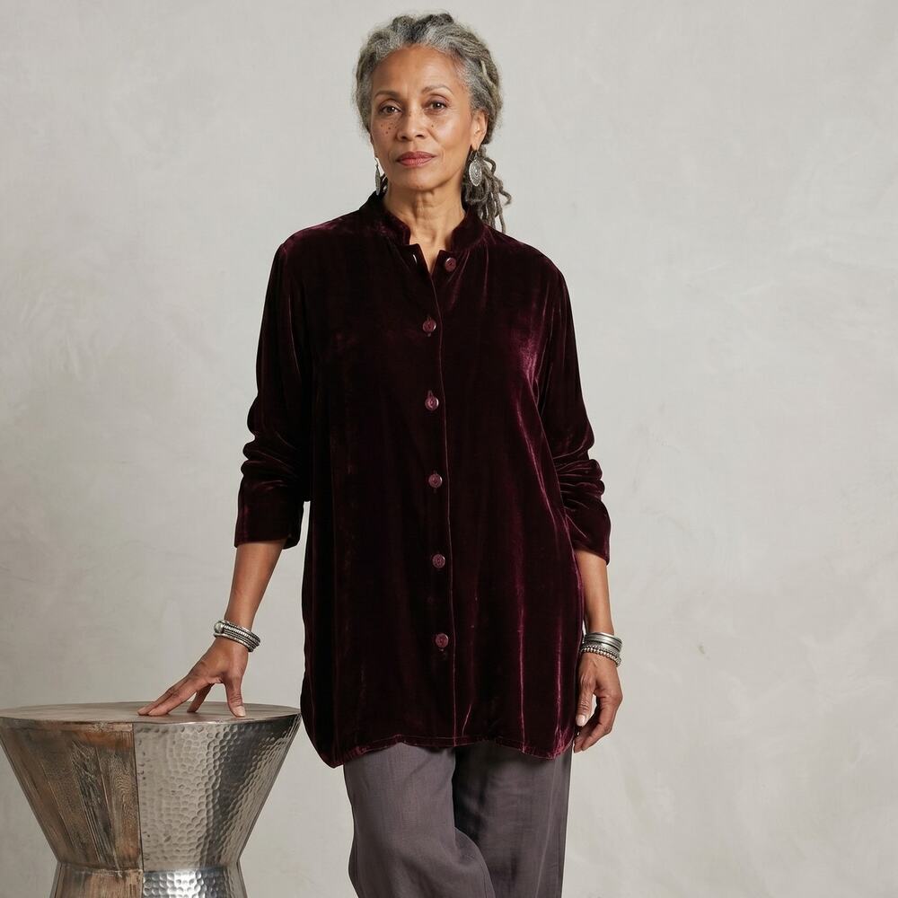 HARARI Women's Burgundy Velvet Mandarin Collar tunic blouse size XL
